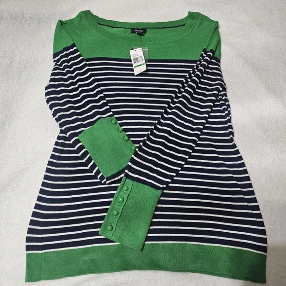 Nautica boatneck Kelly green navy striped sweater nwt - Picture 2 of 5
